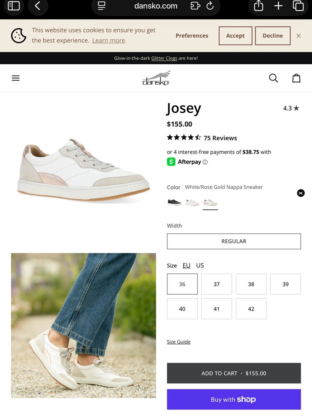 BRAND NEW, WORN ONCE Dansko Josey White with Rose Gold Accent Sneaker